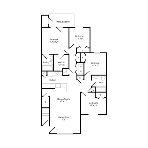 Floor plan of a four-bedroom apartment at chapelgate apartments, featuring a bedrooms, bathroom, kitchen, living/dining area, and a private balcony or patio.